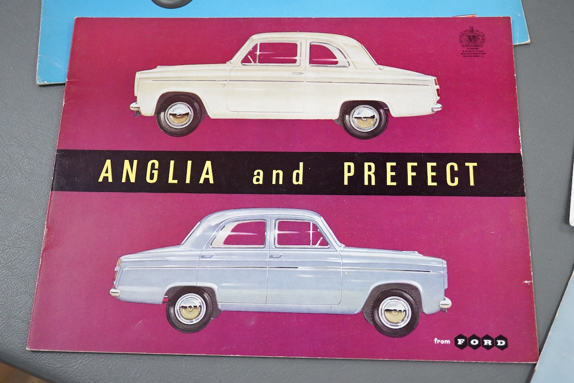 Six 1950s and 1960s motor car manufacturer’s brochures; the Alvis Three Litre TD21 (produced 1962-63), the Ford Anglia and Prefect (produced 1953-59), the Morgan (1960-61), the Opel Rekord P2 (produced 1960-63), the Opel